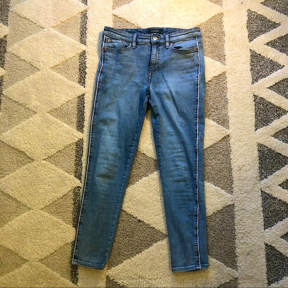 Ralph Lauren Medium Wash Premier Skinny Ankle Jeans With Pink Stripes - Size 8